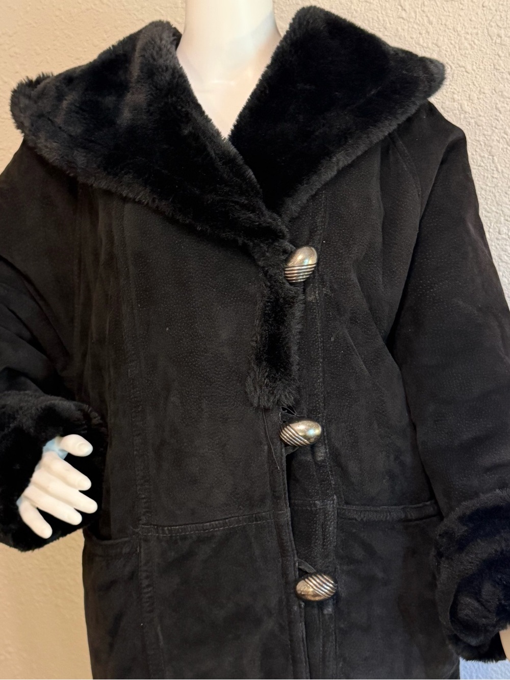 MARVIN RICHARDS Sz Small Black Suede Faux Fur lined hooded shawl collar Coat
